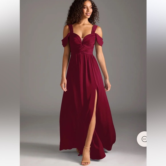 Azazie Dresses & Skirts - New with Tags AZAZIE LIANNE Burgundy Off the Shoulder Stretch Satin Dress A18